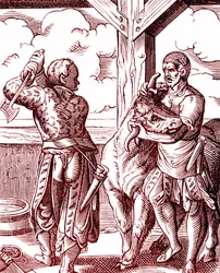 En slaktare - Mat och matlagning under medeltiden. Gravyr av Jost Amman (1539-1591). Gravyr 1878