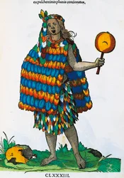 Amerikansk indian, gravyr av Hans Weigel Elder (aktiv 1549-1577) från målning av Jost Amman (1539-1591), från Habitus principiorum populorum både män och kvinnor avbildade med enastående konst, Nürnberg