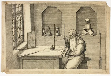 Porträtt av Wenzel Jamnitzer i hans studie