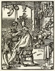 Barberarna från en serie som skildrar yrken och yrken publicerad först i Das Ständebuch 1568 i Frankfurt, Tyskland