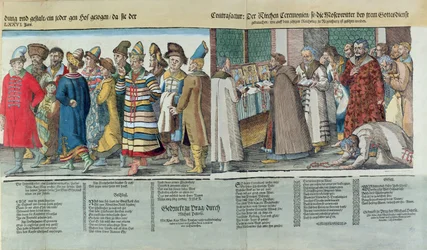 Rysslands Ivan IV:s (1530-84) stora ambassad till den heliga romerska kejsaren i Regensburg 1576 (färgat träsnitt) (detalj)