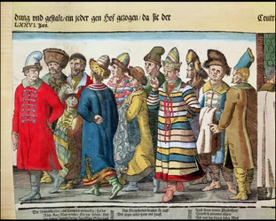 Ivan IV:s stora ambassad 1530-84 av Ryssland till den helige romerske kejsaren i Regensburg 1576 färgad träsnittsdetalj av 173050 och 88595