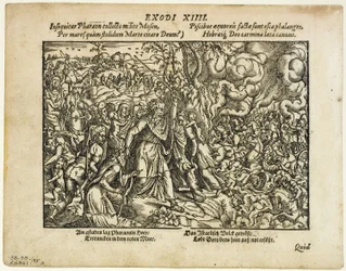 Röda havets passage (recto) och Jakobs begravning (verso) från Neuwe Biblische Figuren, plåt 48 från träsnitt från XVI-talets böcker