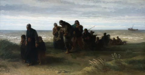 Fiskare som bär en drunknad man, ca 1861 (olja på duk)