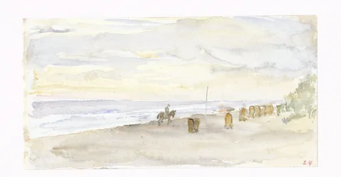 Strandvy med ryttare och strandstolar