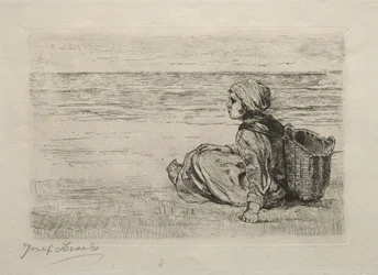 Flicka med korg sittande på stranden.