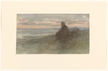Kvinna som sitter på en dyn vid havet