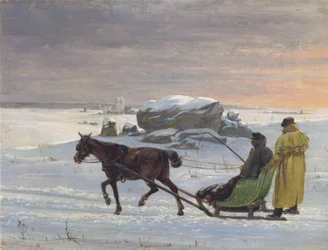 Målarna Jørgen Roed och Constantin Hansen tar en slädtur.