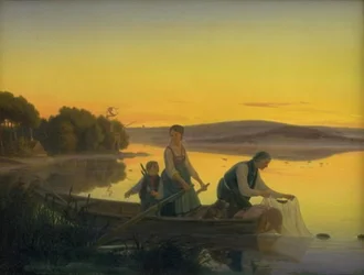 En gammal fiskare som lägger ut sina nät på kvällen