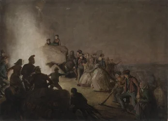 St. Hansakvällen. Bönder, som har tänt brasor på en jättehög, dansar runt elden