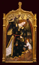 Ärkeängeln Sankt Mikael. Målning tillskriven Juan Hispalense (1400-talet), olja och guld på trä, cirka 1480. Museum of Fine Arts i Sevilla, Spanien.