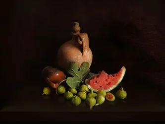 Stilleben med fikon och vattenmelon