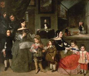 Konstnärens familj: till vänster de fyra barnen från konstnärens första äktenskap med Diego Velázquez dotter, Gaspar, Melchior, Baltasar och Maria Teresa; till höger hans andra hustru Francisc
