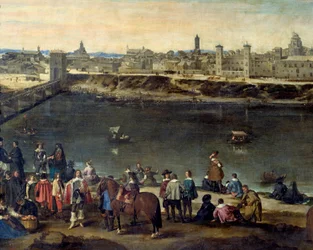 Utsikt över staden Zaragoza (Zaragoza) 1646 Detalj som representerar herrar och handlare längs floden. Målning av Juan Bautista del Mazo (1612-1667) 1646 Madrid, Pradomuseet