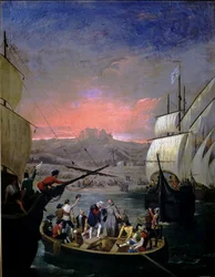 Från 1492 Palos karaveller Santa Maria, Pinta och Nina (olja på duk)