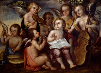 Baby Jesus med änglar som spelar musikinstrument