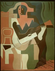 Sittande harlekin med gitarr