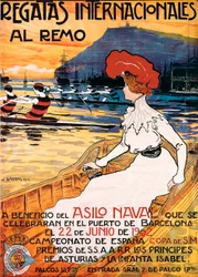 Affisch för ett sportevenemang, ”Internationella roddregattor”, illustration av Joan Llaverias i Labro (1865-1938). 22/06/1902. DR