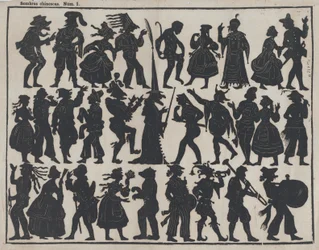 Blad 1 med figurer för kinesiska skuggdockor, ca. 1850-70
