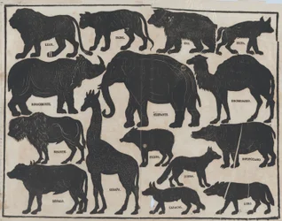 Blad 5 med figurer för kinesiskt skuggspel, ca. 1850-70.