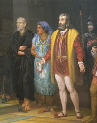 Hernan Cortes, La Malinche och Bartolome de Las Casas, detalj, målning av Juan Ortega