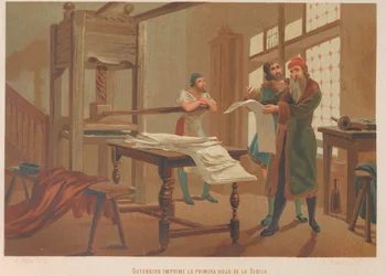 Gutenberg skriver ut första sidan i Bibeln. Från: Science and its Men,