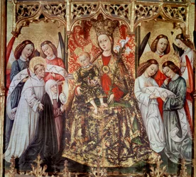 Altartavla av St. Ursula: "" Jungfru och barn med heliga och änglar"" Målning av Joan Reixach (1431-1482) från klostret Santa Maria di Poblet - 1468 (altartavla Santa Ursula, målning av Joan Reixach från klostret Santa Maria de Poblet