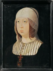 Isabella den katolska av Kastilien, hustru till Ferdinand av Aragonien ... (målning på trä)