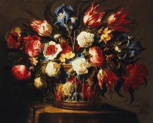 Blommor i en korg på en stenavsats,