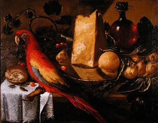 Stilleben med en papegoja (Macaw) (olja på duk)