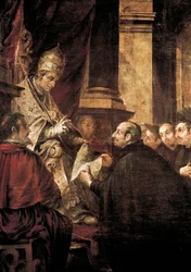 Sankt Ignatius av Loyola tar emot jesuitordens bulla från påve Paulus III