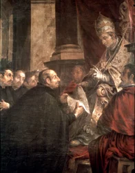 Sankt Ignatius tar emot den påvliga bullan om grundandet av Jesu sällskap (jesuiterna) från påve Paulus III