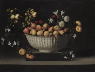 Blommor och frukt i en Kinaskål, c.1645