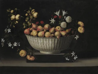 Blommor och frukt i en Kinaskål, ca. 1645.