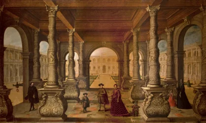Filip IV och hans drottning i en pelargång, ca 1630 (olja på duk)