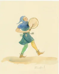 En medeltida minstrel som spelar ett slagverksinstrument, möjligen en tabor, 2004.