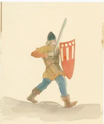 En medeltida soldat med ett långt svärd i sin högra hand och en sköld i sin vänstra, 2004.