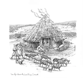 Bönder och en flock getter utanför Iron Age Roundhouse, c1990-2010