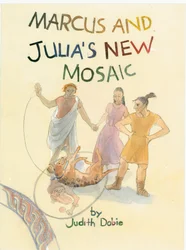 Tre romerska karaktärer och en hund med en mosaik i förgrunden, 2003.