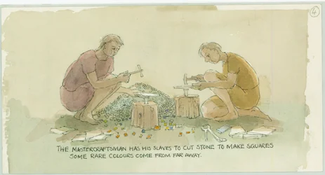 Två karaktärer som skär sten för att göra små rutor åt mosaikern, 2003.