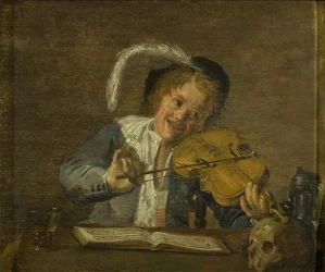 A Boy Musician (olja på panel, ek)