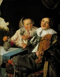 Det glada sällskapet En violinist och en kvinna serverar honom ett glas vin, båda berusade. Målning av Judith Leyster (1609-1660)
