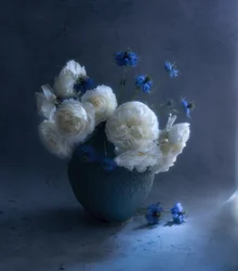 Mörkblått blomsterstilleben
