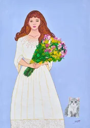 Flicka med blommor och kattunge