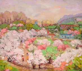 Stadsbild med vårblomning