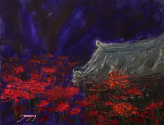 Templet under röda blommor