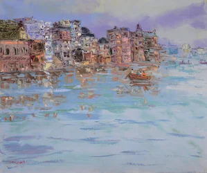Morgon vid floden i Varanasi
