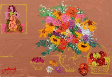 Färgglada blommor och en cellist