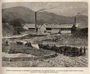 Mexikanska arrastras (ett område nedtrampat av mulors hovar, som vid tröskning av spannmål) för malning och amalgamering av silvermalm (Gould och Curry-fabrikerna) i närheten av Virginia City (Nevada), gravyr efter en teckning av J. Férat, illustration