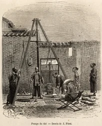 Vägningen av teet före dess expedition på kommersiella marknader i en krutfabrik i Fati Bay (Canton Province), graverad efter en teckning av J.Ferat som illustrerar resan till Kina, av J. Thompson, 1870-1872, publicerad i " Le tour du monde” 18